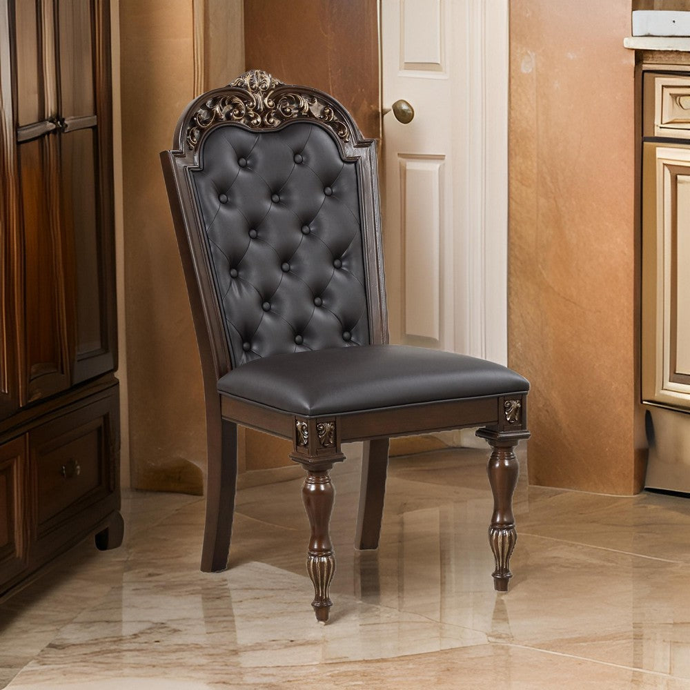 Benjara Mitch 21 Inch Tufted Set of 2 Dining Chairs, Carved Details, Faux Leather Seat, Brown