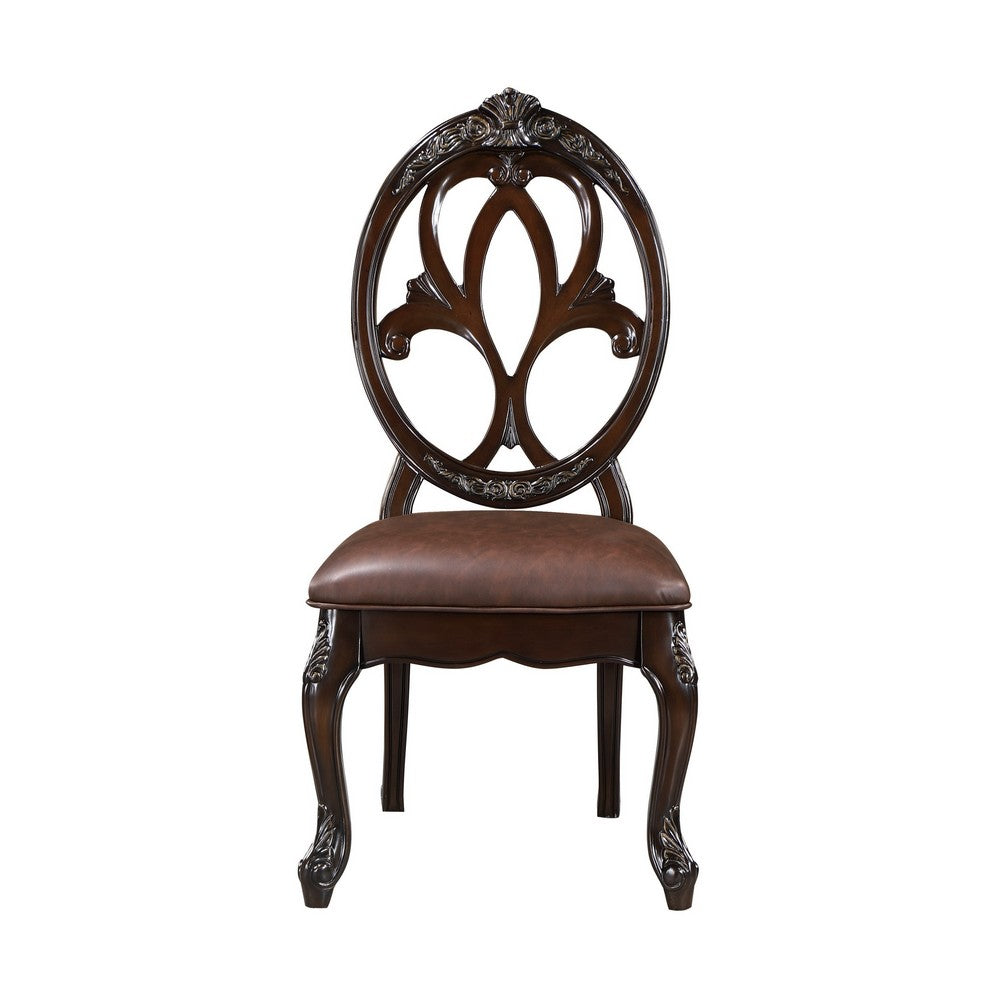 Benjara Cran 21 Inch Dining Side Chair, Carved Details, Faux Leather Seat, Brown