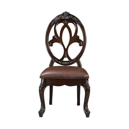 Benjara Cran 21 Inch Dining Side Chair, Carved Details, Faux Leather Seat, Brown