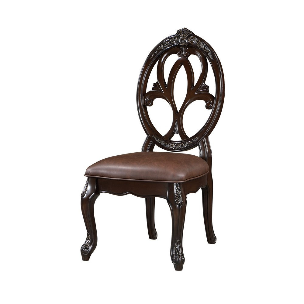 Benjara Cran 21 Inch Dining Side Chair, Carved Details, Faux Leather Seat, Brown