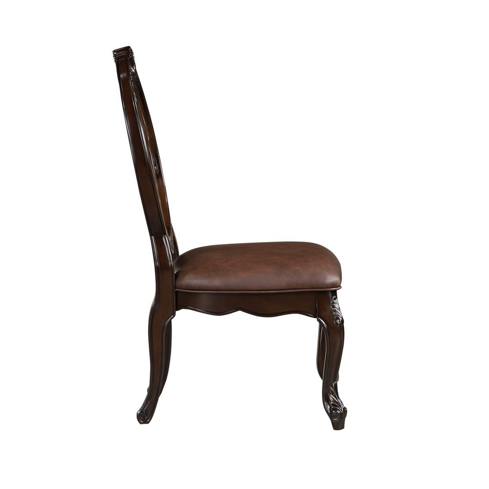Benjara Cran 21 Inch Dining Side Chair, Carved Details, Faux Leather Seat, Brown