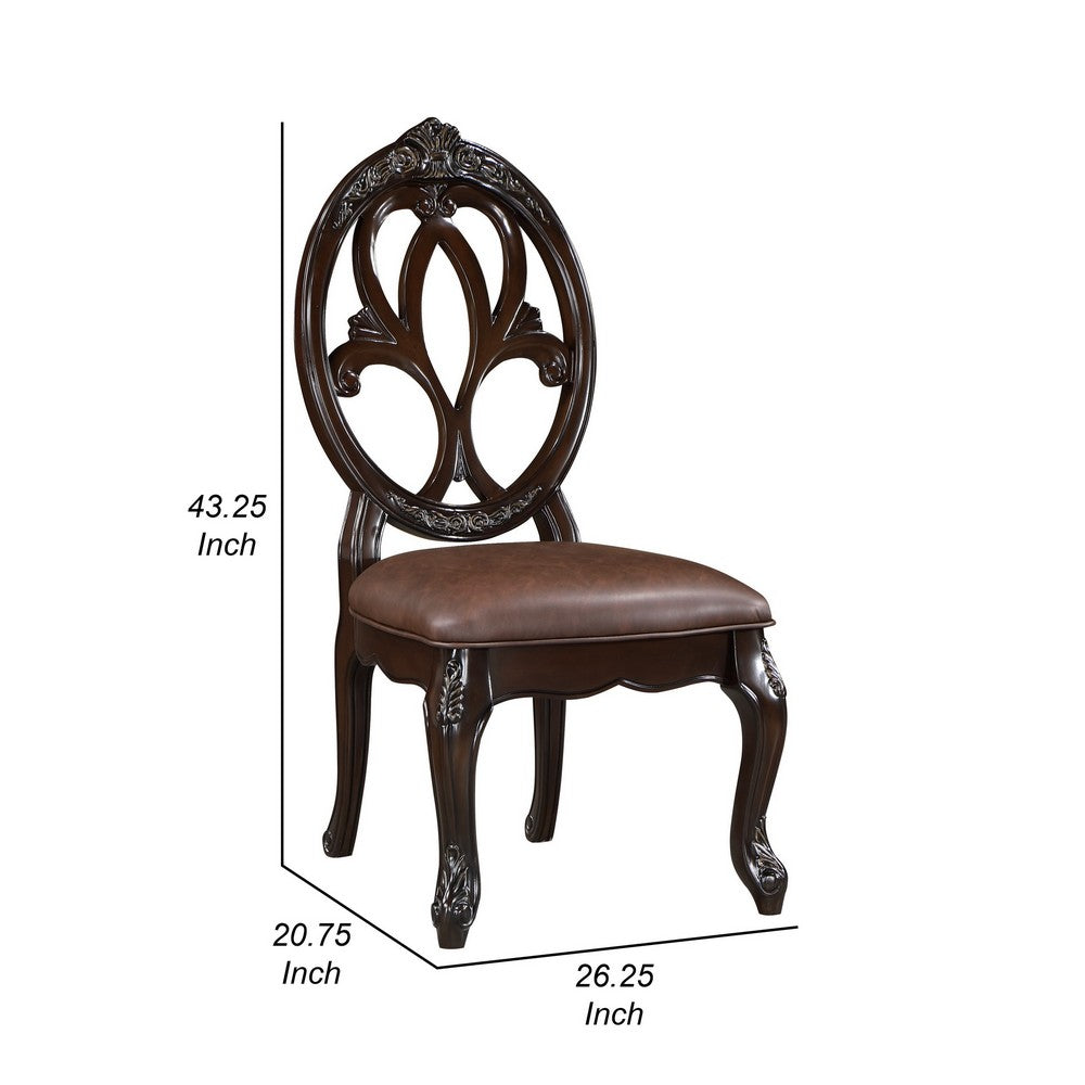 Benjara Cran 21 Inch Dining Side Chair, Carved Details, Faux Leather Seat, Brown