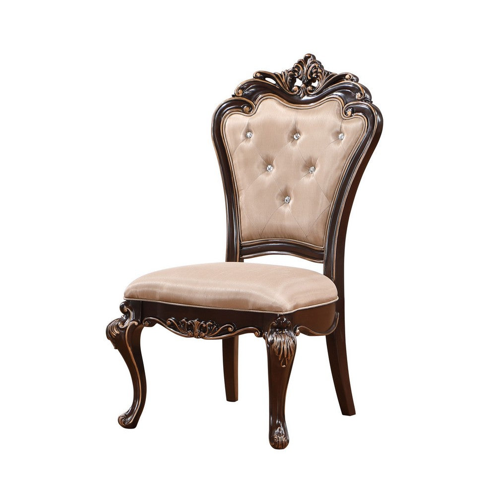 Benjara Leon 22 Inch Set of 2 Tufted Dining Chairs, Cherry Brown Wood, Beige Fabric
