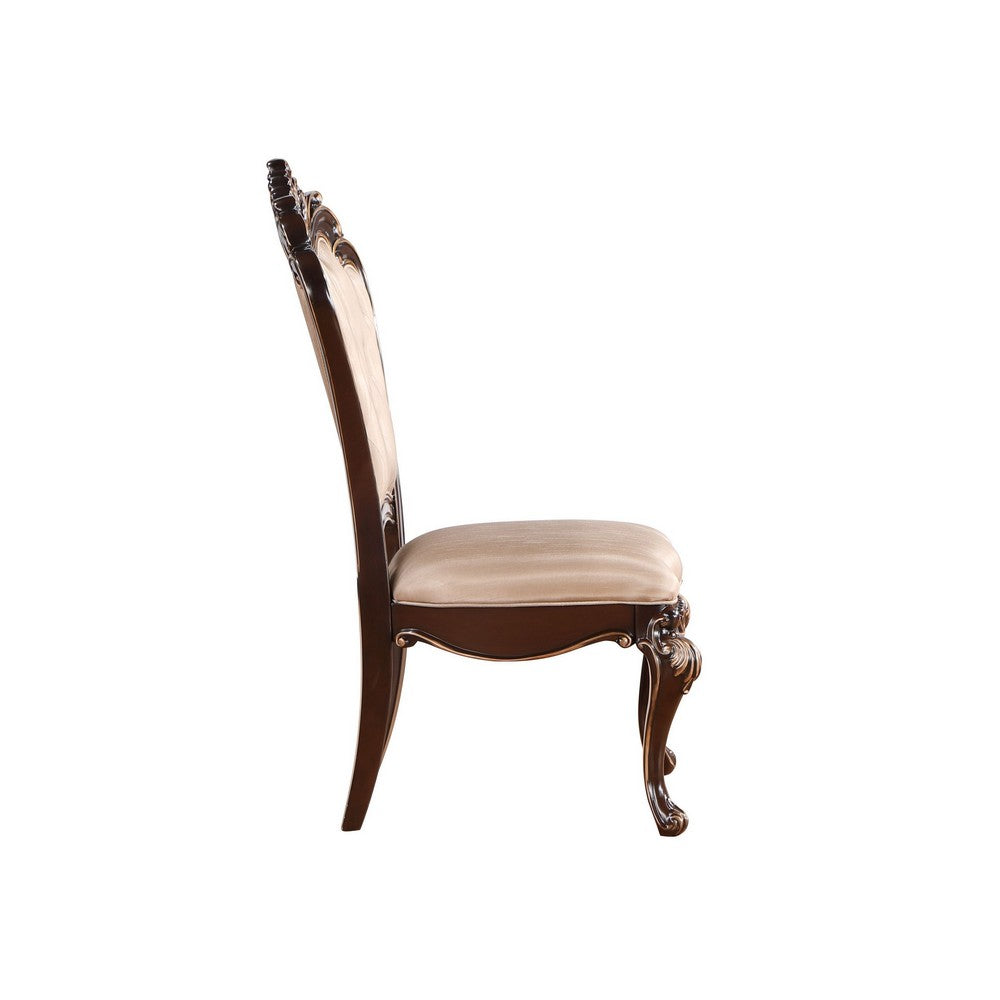 Benjara Leon 22 Inch Set of 2 Tufted Dining Chairs, Cherry Brown Wood, Beige Fabric