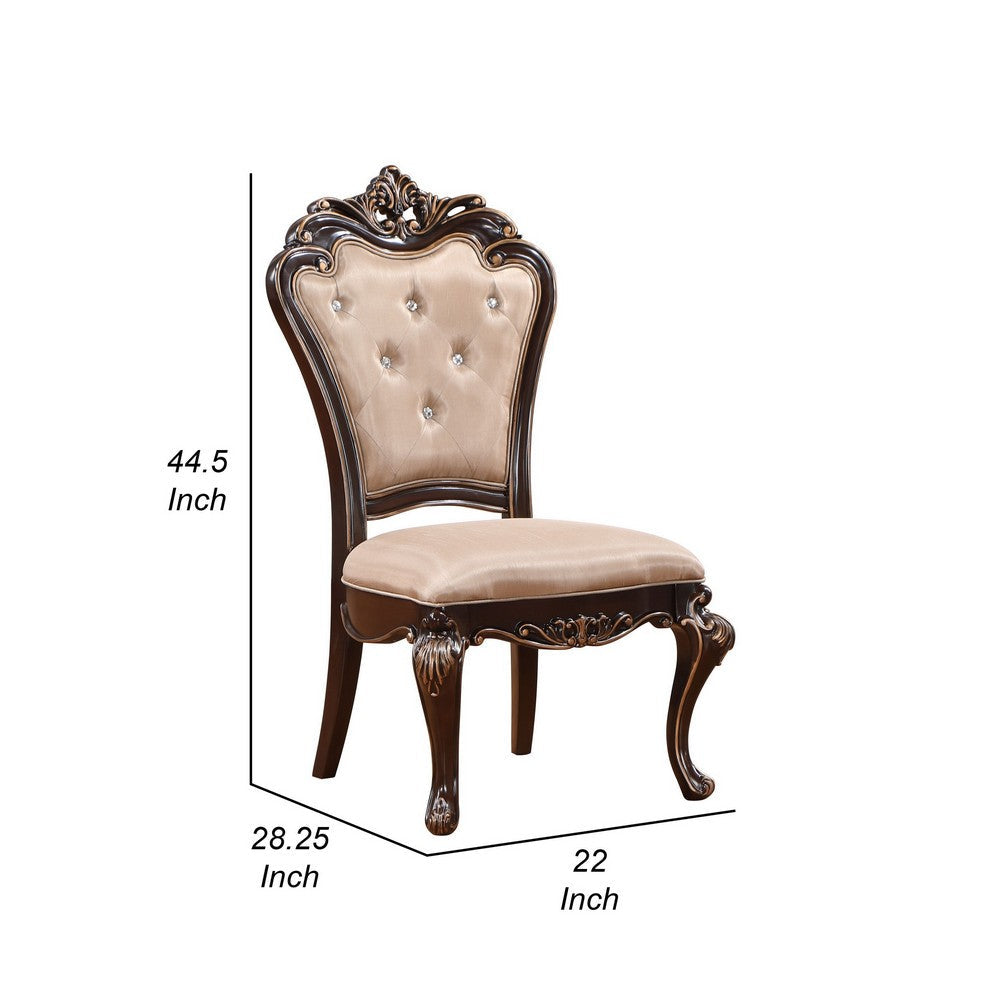 Benjara Leon 22 Inch Set of 2 Tufted Dining Chairs, Cherry Brown Wood, Beige Fabric
