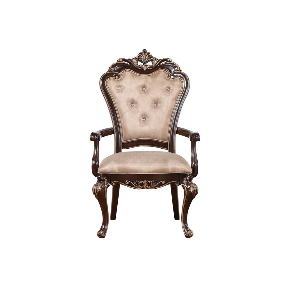 Benjara Leon 25 Inch Set of 2 Tufted Dining Armchair, Cherry Brown Wood, Beige Seat