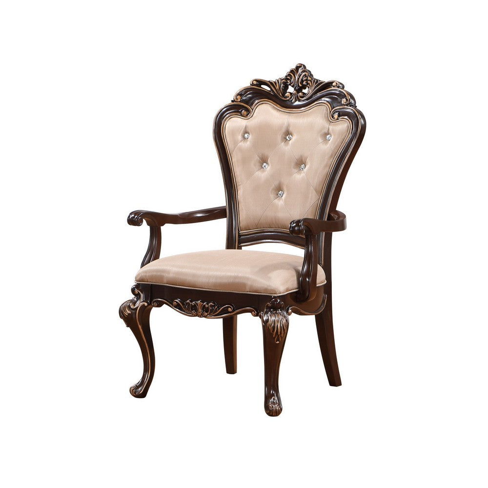 Benjara Leon 25 Inch Set of 2 Tufted Dining Armchair, Cherry Brown Wood, Beige Seat
