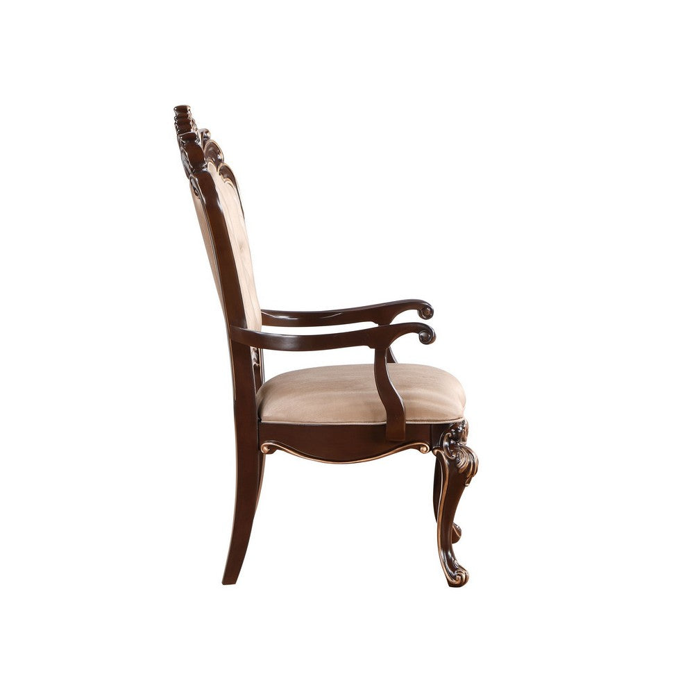 Benjara Leon 25 Inch Set of 2 Tufted Dining Armchair, Cherry Brown Wood, Beige Seat