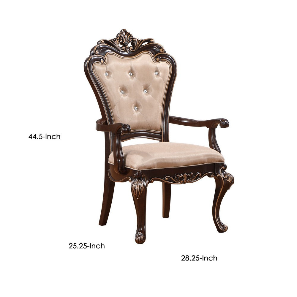 Benjara Leon 25 Inch Set of 2 Tufted Dining Armchair, Cherry Brown Wood, Beige Seat