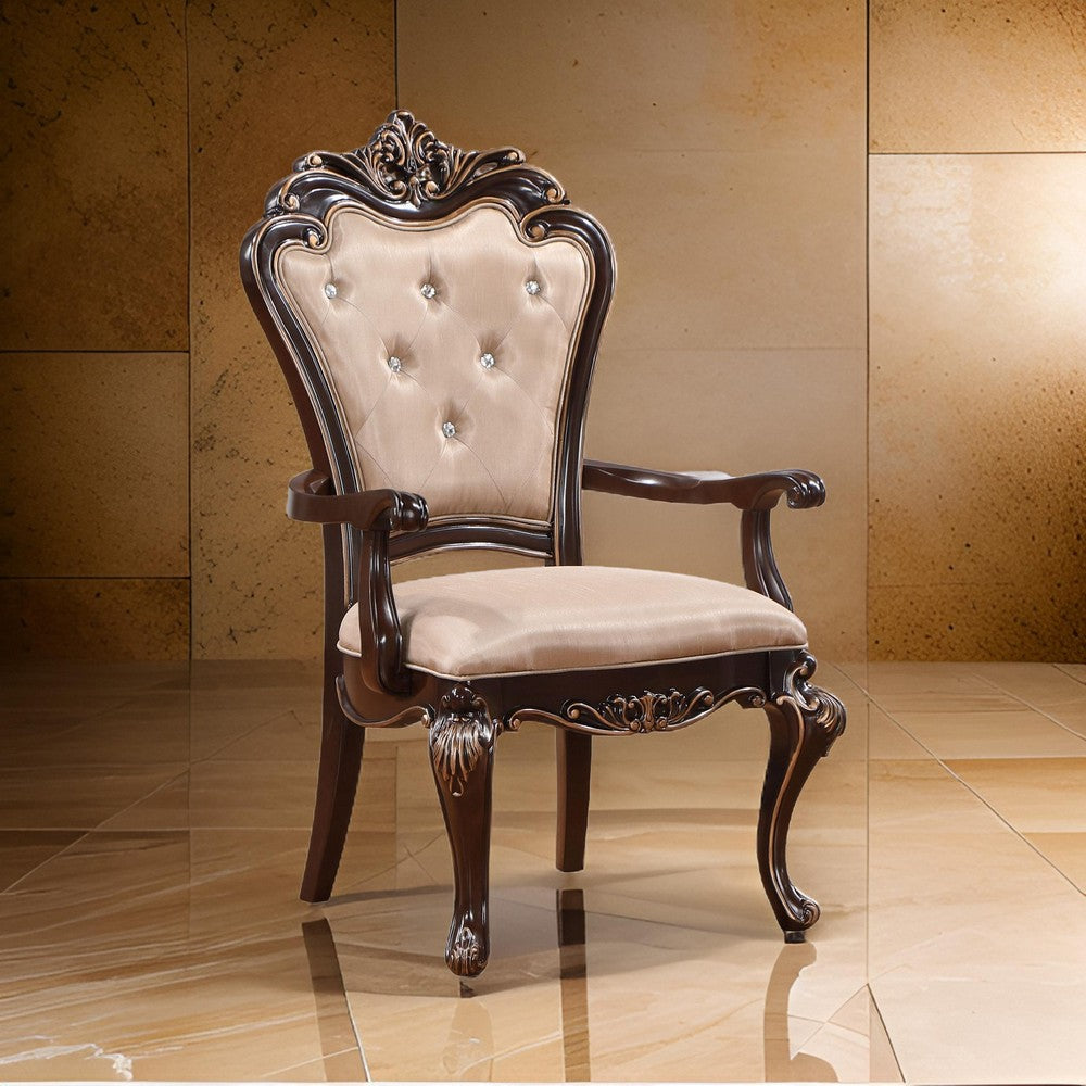 Benjara Leon 25 Inch Set of 2 Tufted Dining Armchair, Cherry Brown Wood, Beige Seat