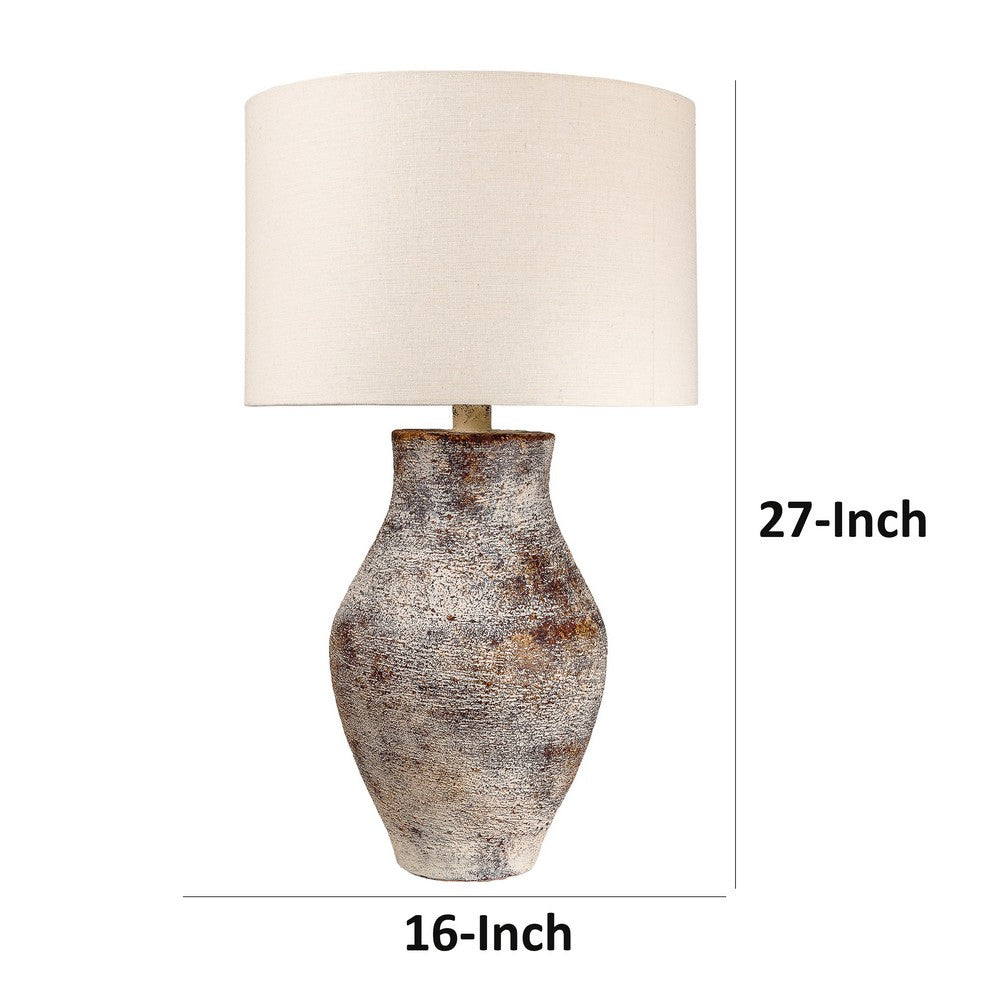 Benjara Gov 27 Inch Table Lamp, Beige Drum Shade, Vase Shaped Body, Painted Surface