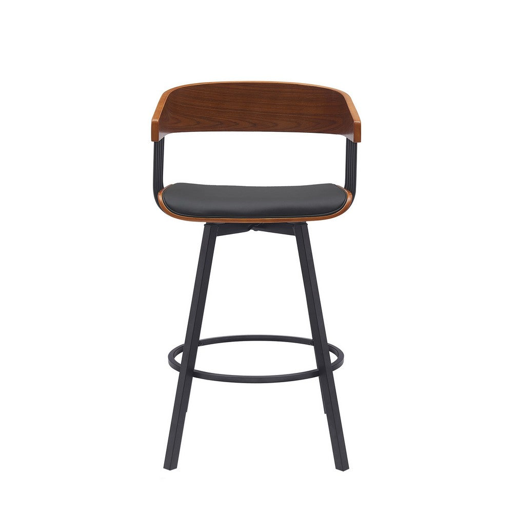 Benjara Vera 27 Inch Swivel Counter Stool Chair, Brown Open Back Black Faux Leather