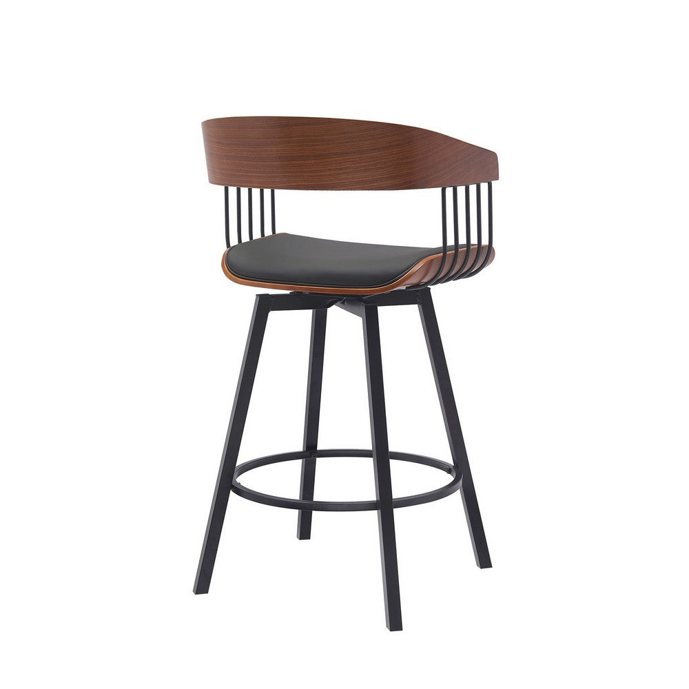 Benjara Vera 27 Inch Swivel Counter Stool Chair, Brown Open Back Black Faux Leather