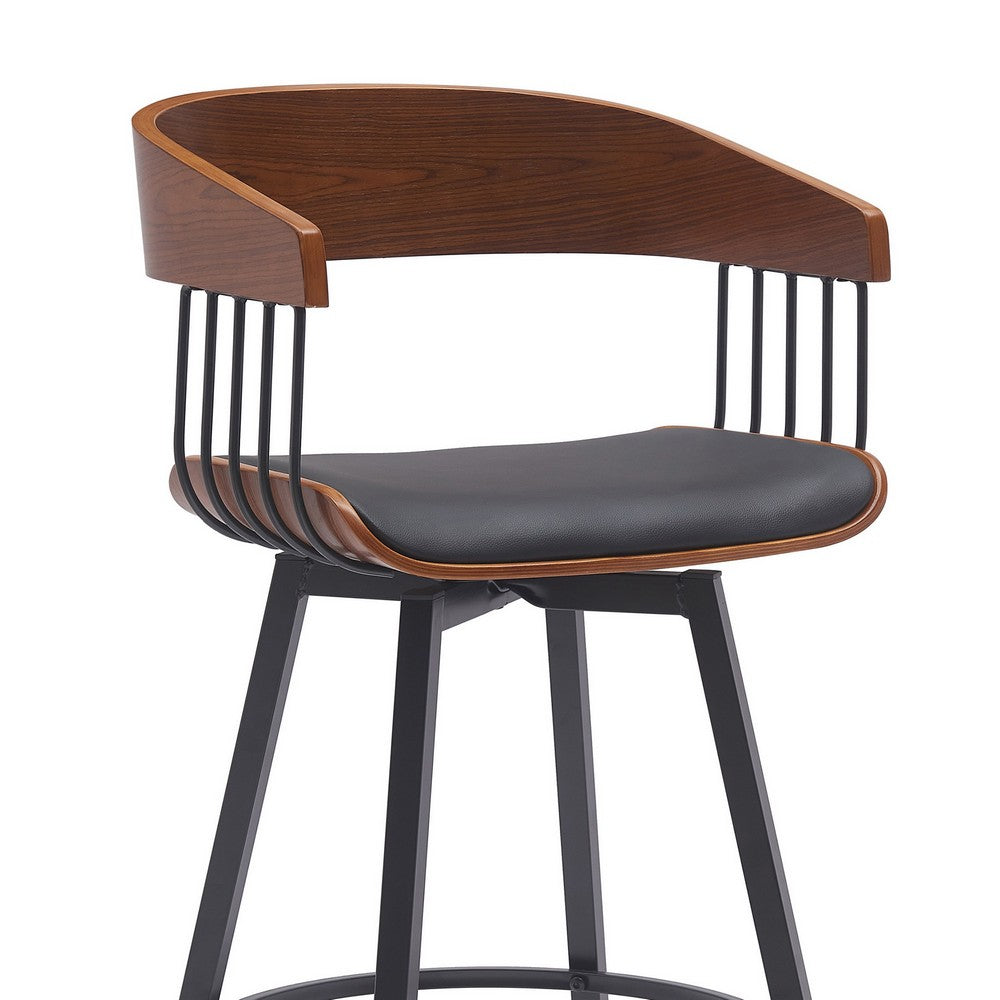 Benjara Vera 27 Inch Swivel Counter Stool Chair, Brown Open Back Black Faux Leather