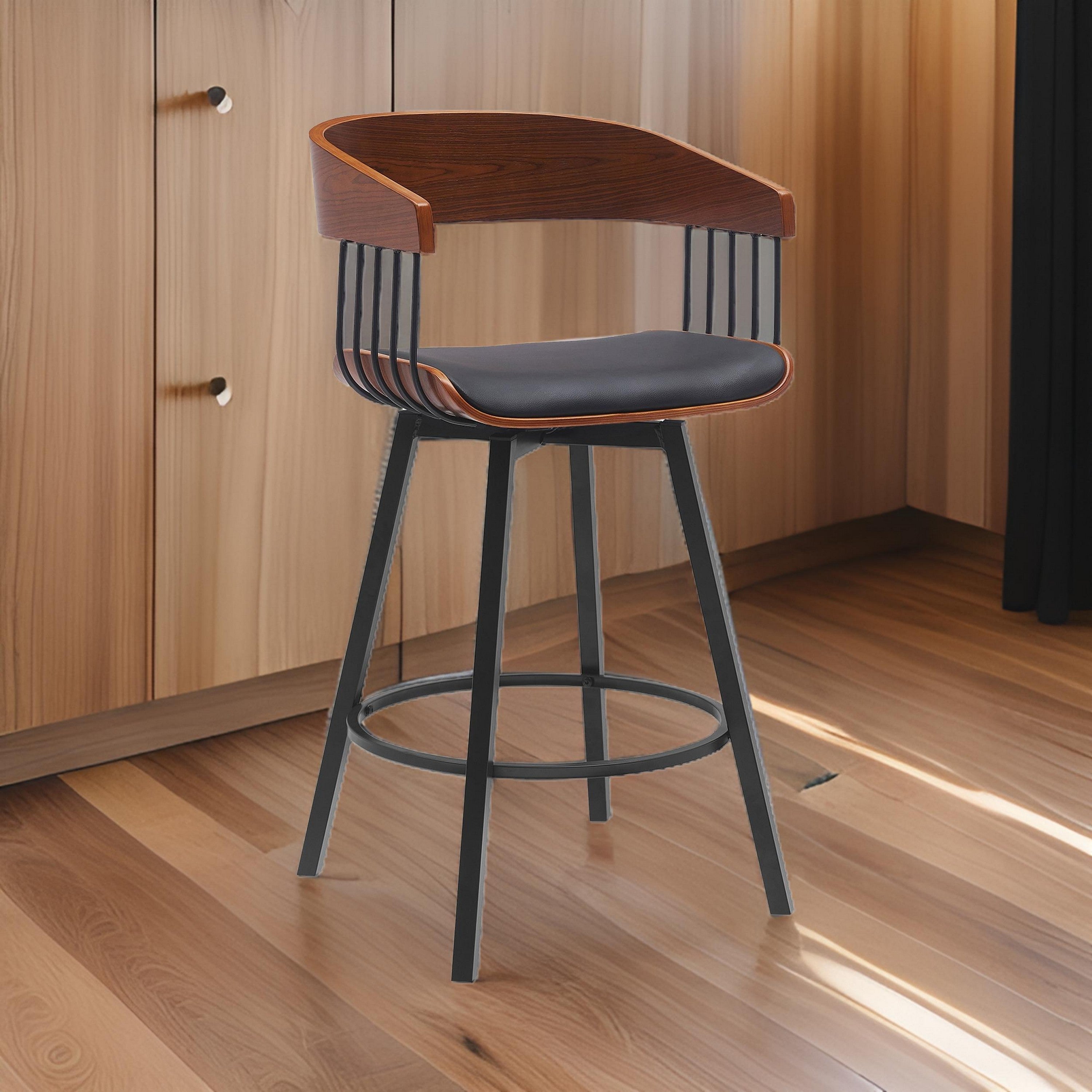 Benjara Vera 27 Inch Swivel Counter Stool Chair, Brown Open Back Black Faux Leather