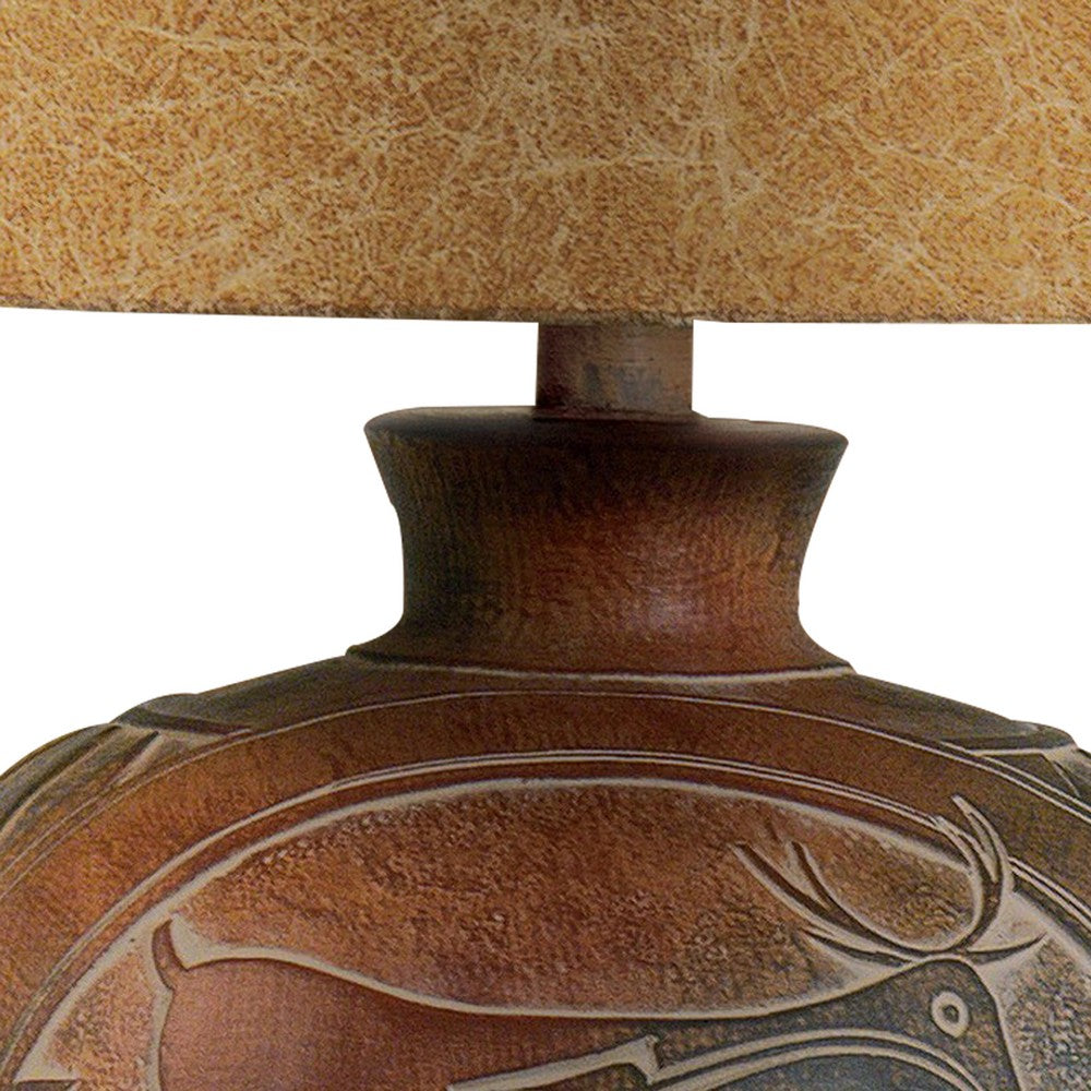 Benjara Siya 26 Inch Table Lamp, Urn Shaped Base, Deer Carvings, Black, Brown