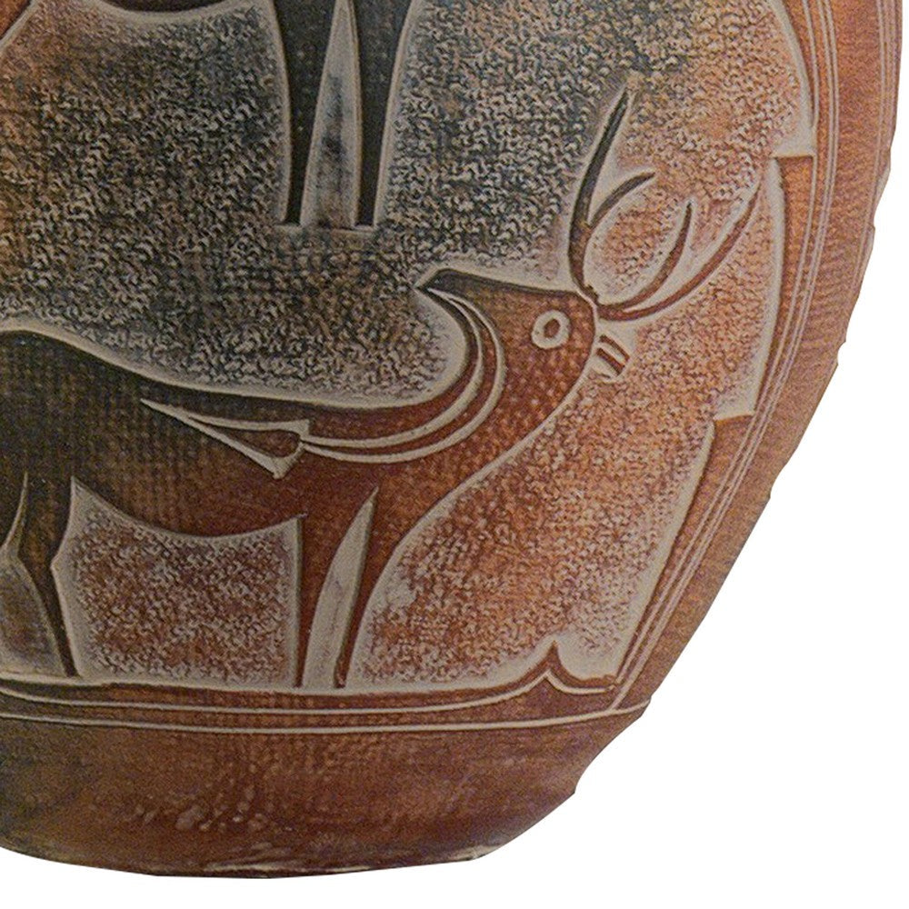 Benjara Siya 26 Inch Table Lamp, Urn Shaped Base, Deer Carvings, Black, Brown