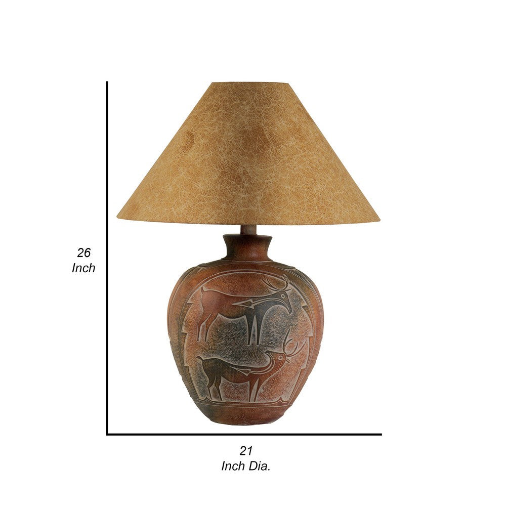 Benjara Siya 26 Inch Table Lamp, Urn Shaped Base, Deer Carvings, Black, Brown