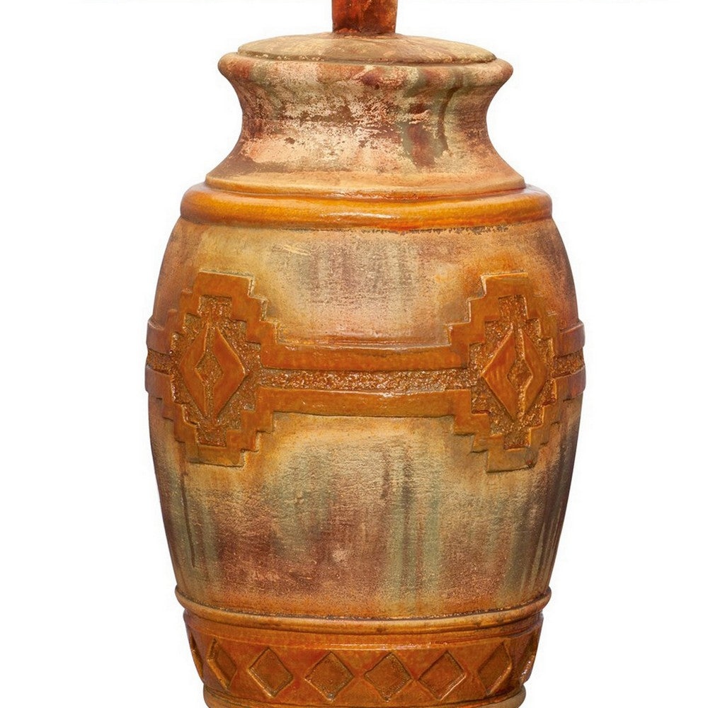 Benjara Riza 29 Inch Urn Table Lamp, Carved Trellis Cut, Rich Oak Brown Hydrocal