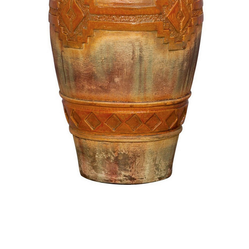 Benjara Riza 29 Inch Urn Table Lamp, Carved Trellis Cut, Rich Oak Brown Hydrocal