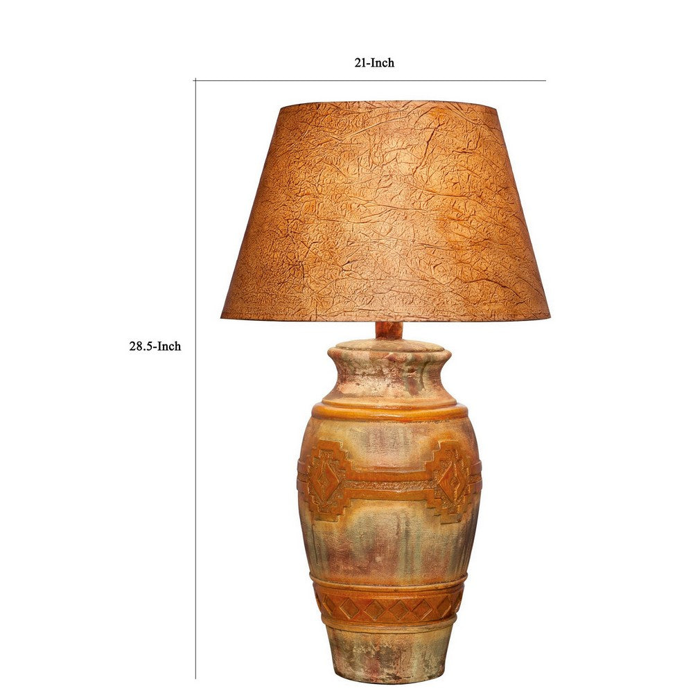 Benjara Riza 29 Inch Urn Table Lamp, Carved Trellis Cut, Rich Oak Brown Hydrocal