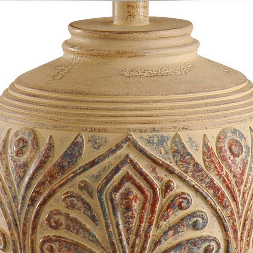 Benjara Tia 29 Inch Table Lamp, Conical Shade, Urn Shape, Damask Pattern, Beige