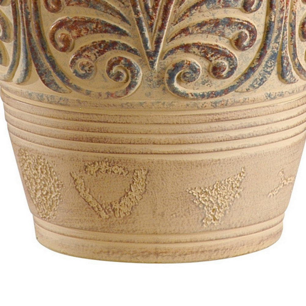 Benjara Tia 29 Inch Table Lamp, Conical Shade, Urn Shape, Damask Pattern, Beige