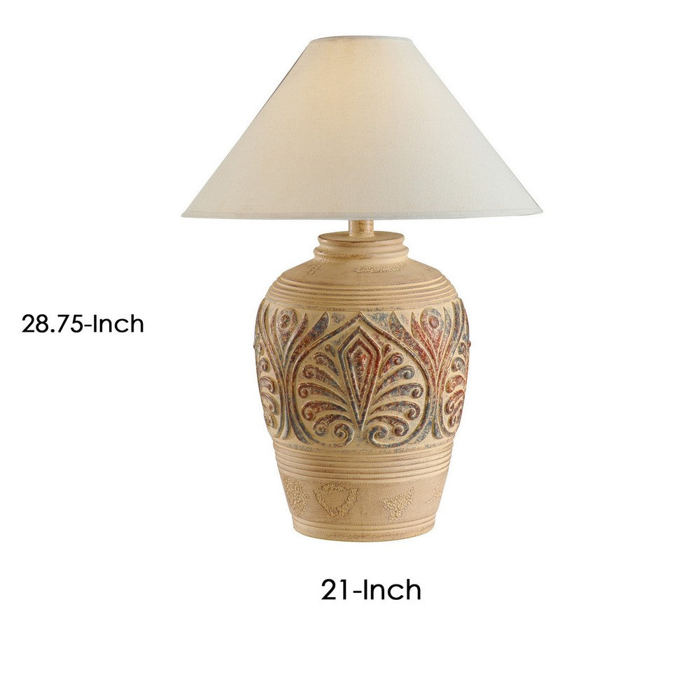 Benjara Tia 29 Inch Table Lamp, Conical Shade, Urn Shape, Damask Pattern, Beige