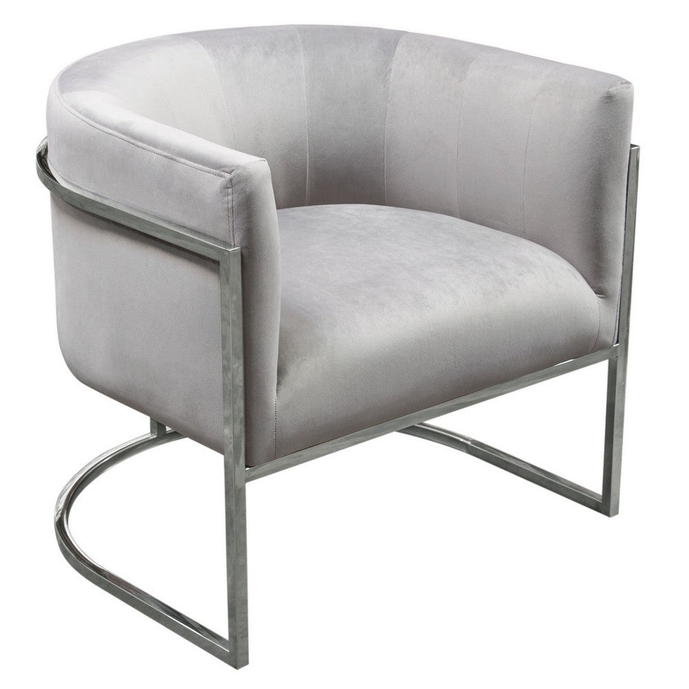 Benjara Kel 31 Inch Cantilever Accent Chair, Gray Velvet, Silver Stainless Steel