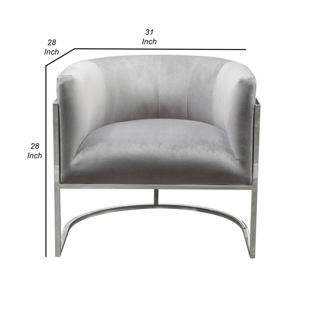 Benjara Kel 31 Inch Cantilever Accent Chair, Gray Velvet, Silver Stainless Steel