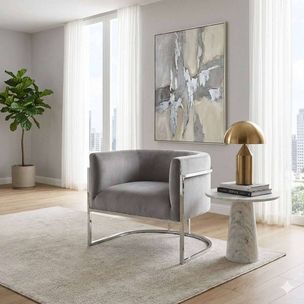 Benjara Kel 31 Inch Cantilever Accent Chair, Gray Velvet, Silver Stainless Steel