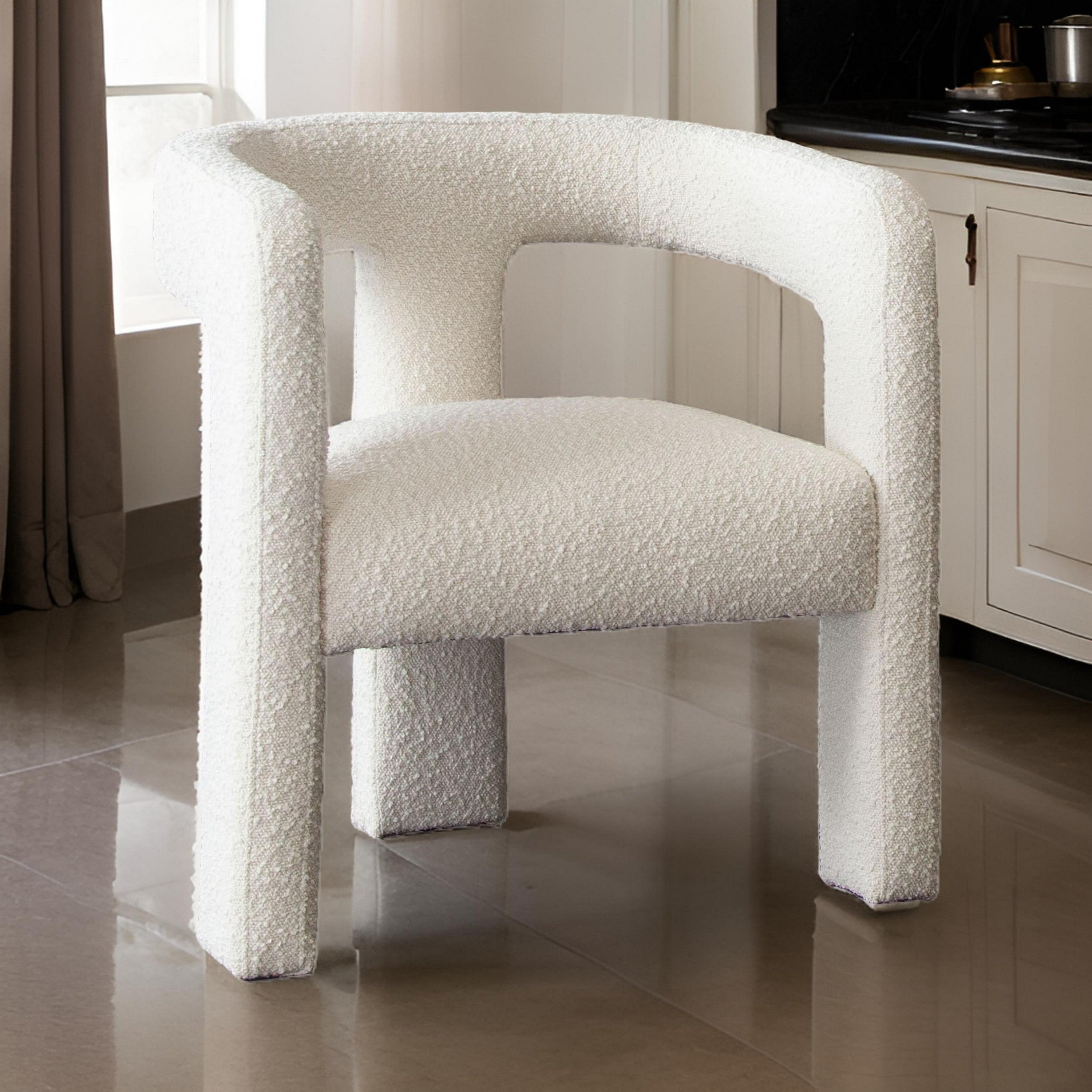 Benjara 27 Inch Boucle Accent Chair, Curved Back, Cushioned Seating, Ivory Finish