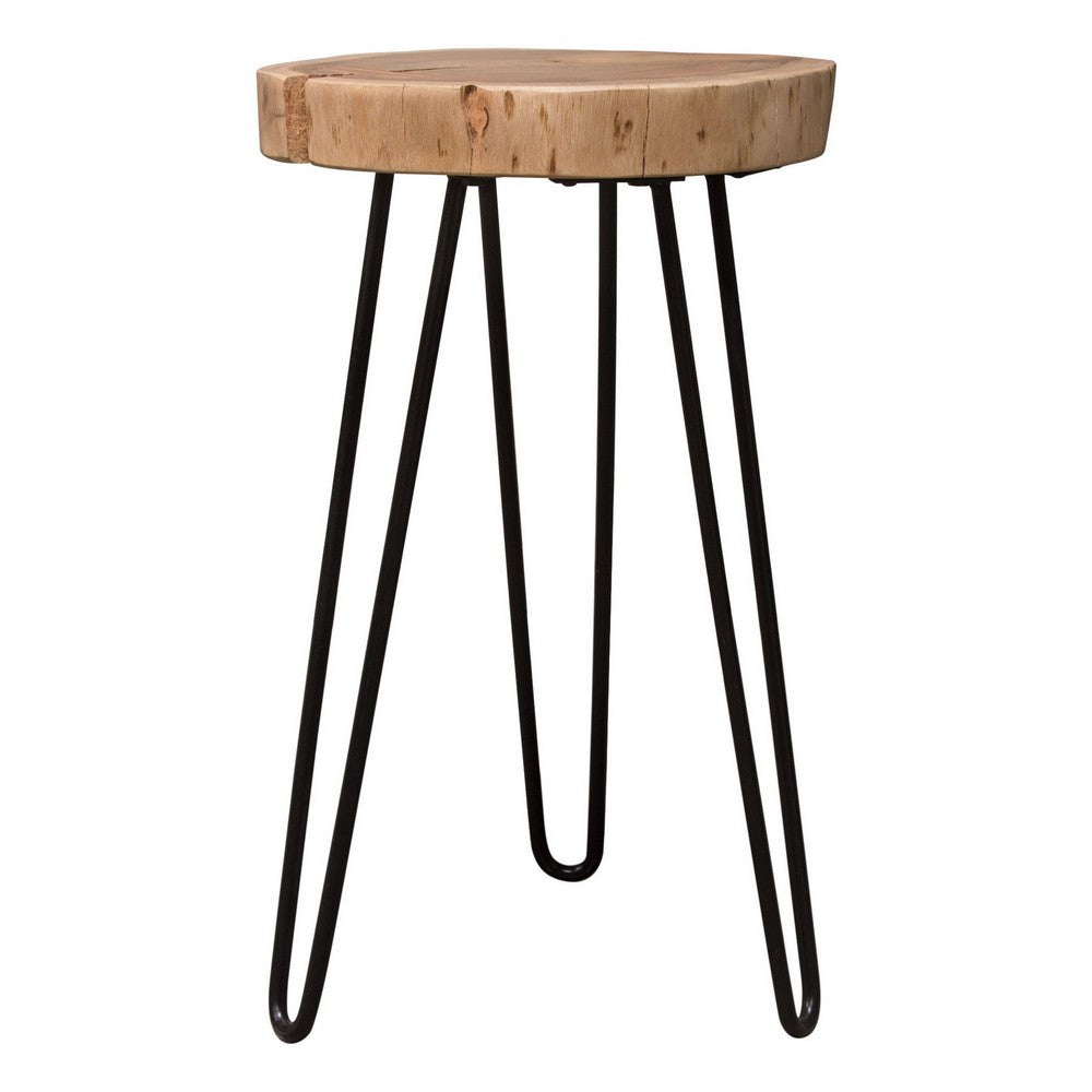 Benjara 23 Inch Side End Table, Hairpin Legs, Natural Brown Acacia Wood, Black Base