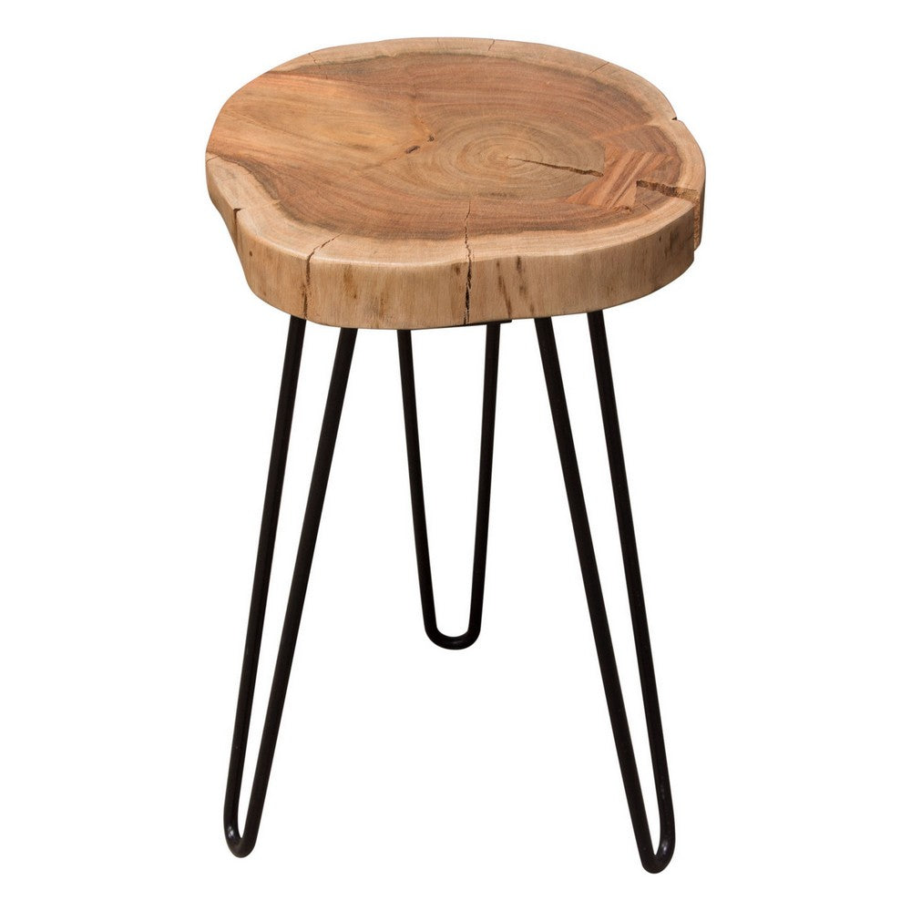 Benjara 23 Inch Side End Table, Hairpin Legs, Natural Brown Acacia Wood, Black Base