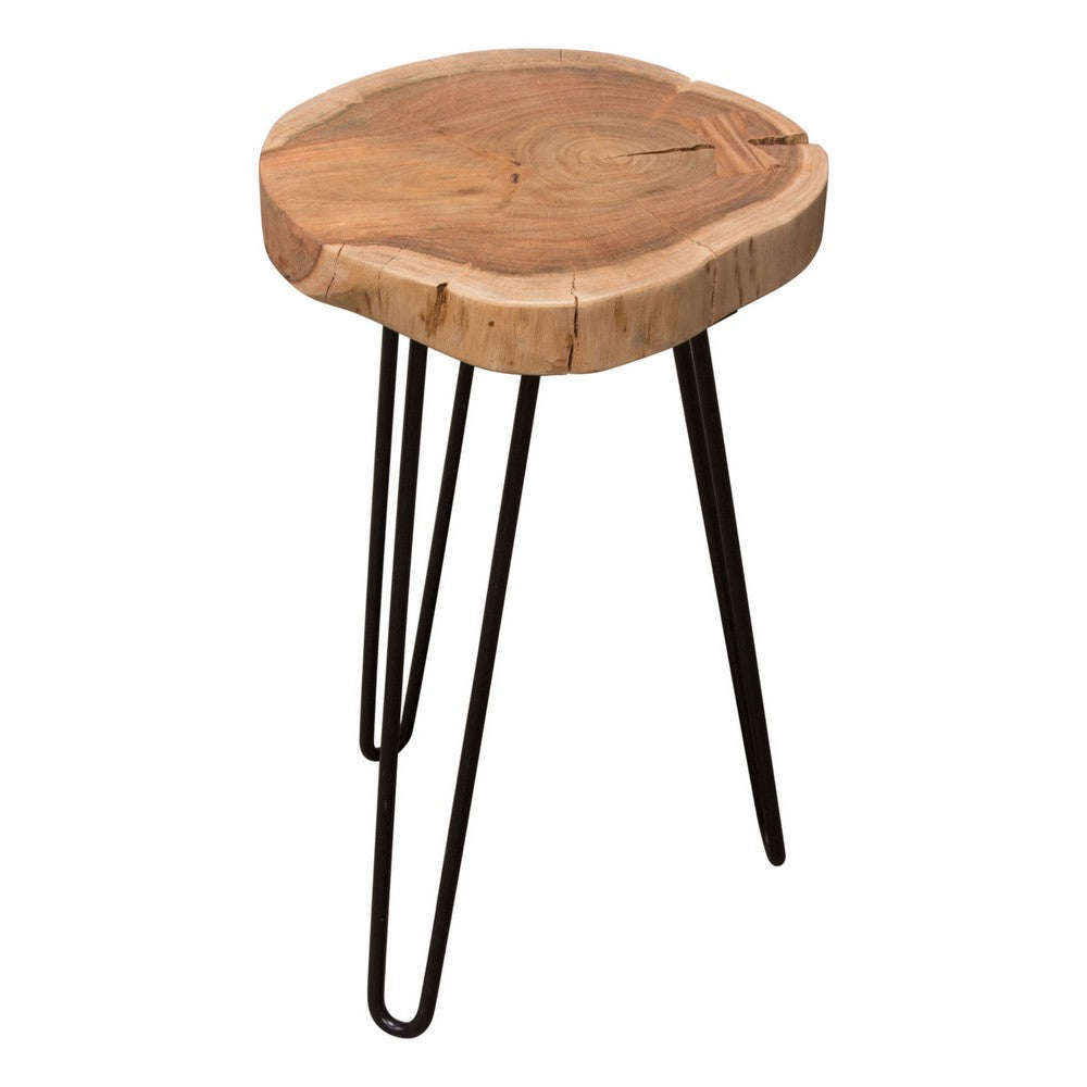 Benjara 23 Inch Side End Table, Hairpin Legs, Natural Brown Acacia Wood, Black Base