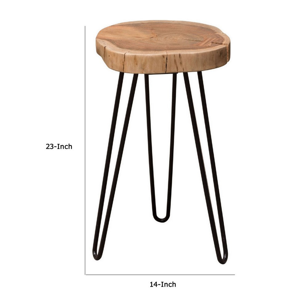Benjara 23 Inch Side End Table, Hairpin Legs, Natural Brown Acacia Wood, Black Base