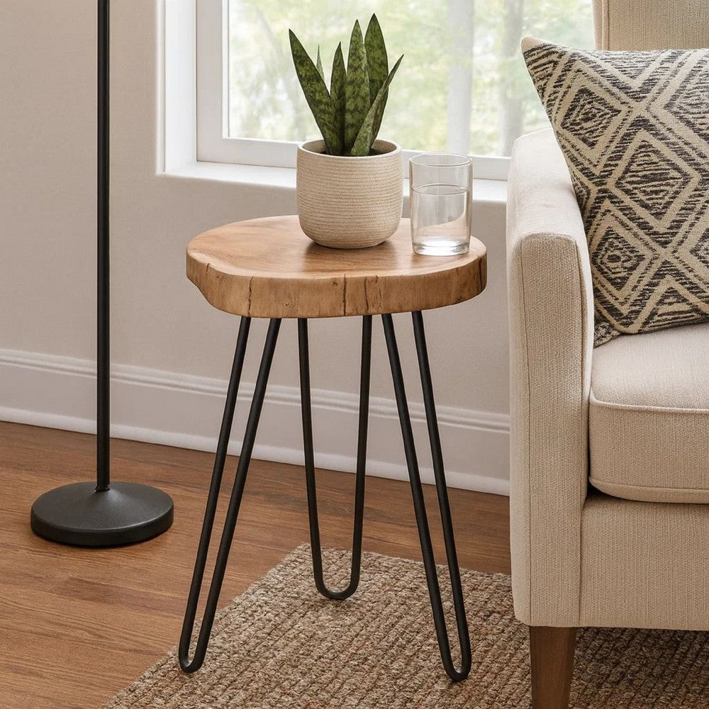 Benjara 23 Inch Side End Table, Hairpin Legs, Natural Brown Acacia Wood, Black Base
