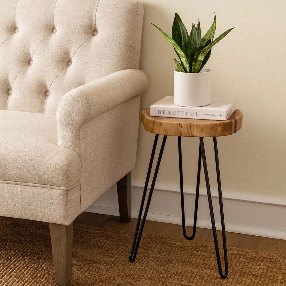Benjara 23 Inch Side End Table, Hairpin Legs, Natural Brown Acacia Wood, Black Base