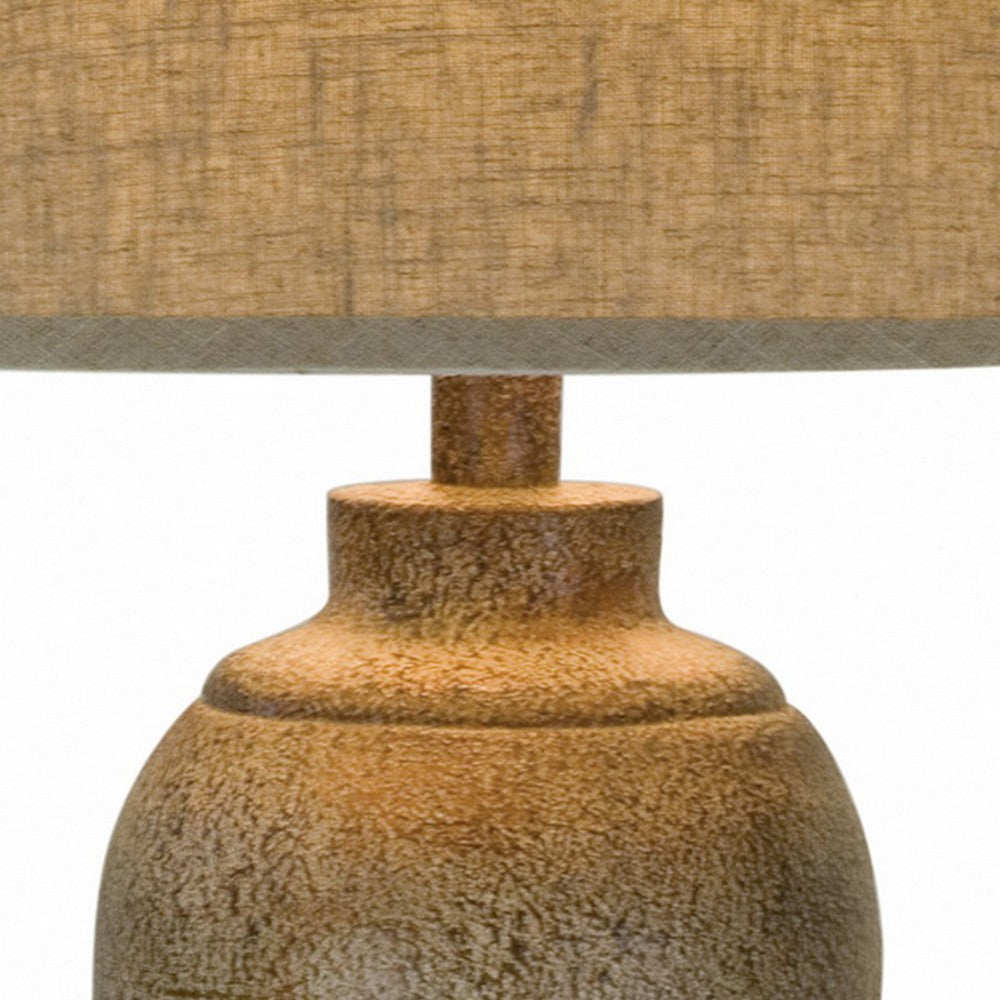 Benjara 33 Inch Hydrocal Table Lamp, Brown Drum Shade, Textured Urn Shaped Base