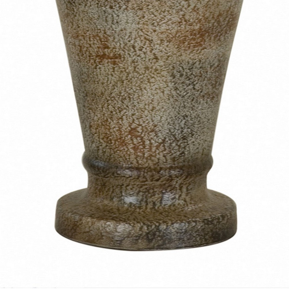 Benjara 33 Inch Hydrocal Table Lamp, Brown Drum Shade, Textured Urn Shaped Base