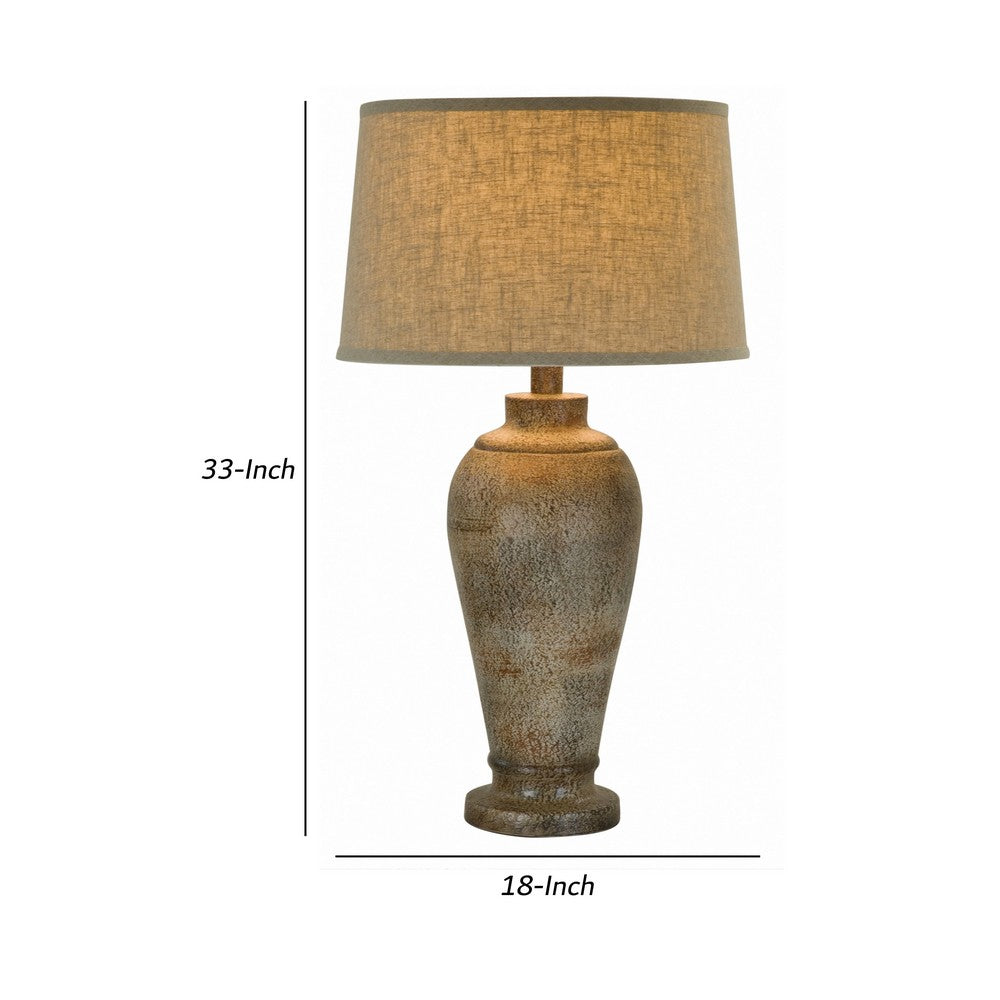 Benjara 33 Inch Hydrocal Table Lamp, Brown Drum Shade, Textured Urn Shaped Base