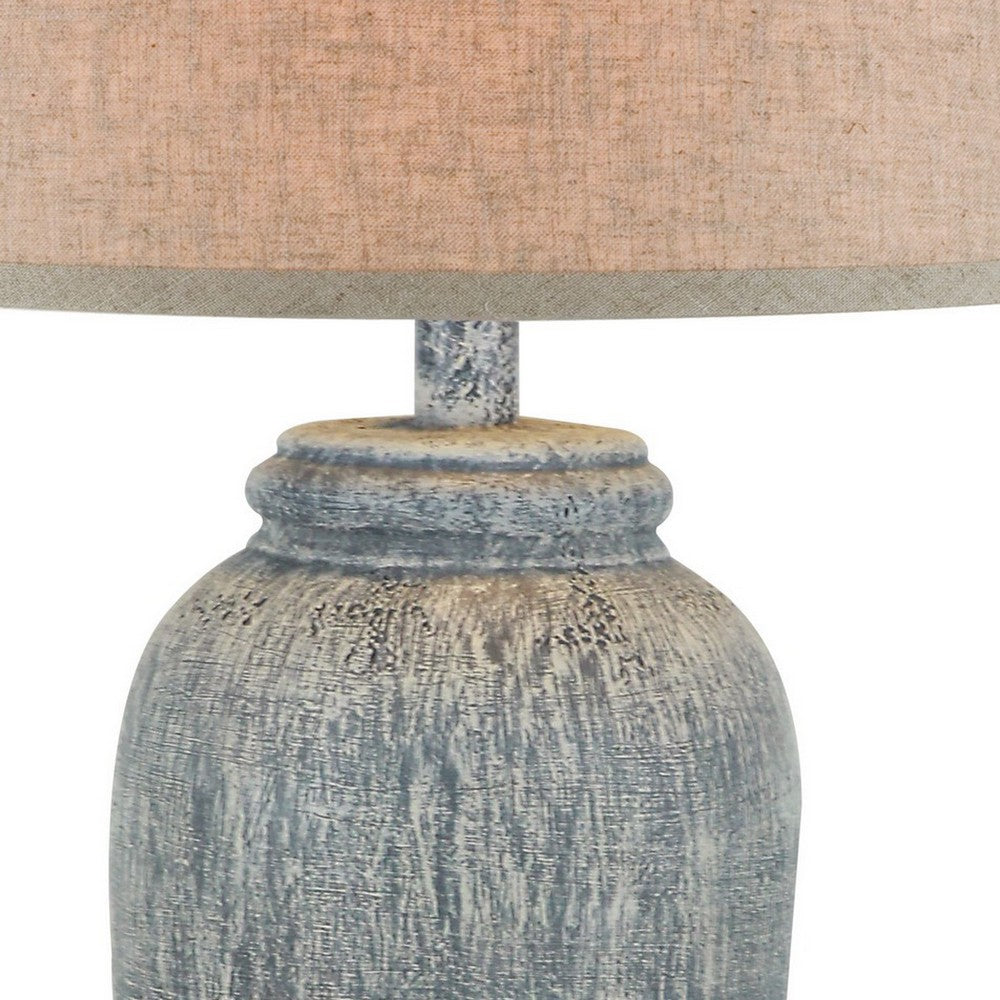 Benjara Leni 31 Inch Hydrocal Table Lamp, Drum Shade, Blue Gray Tall Urn Base