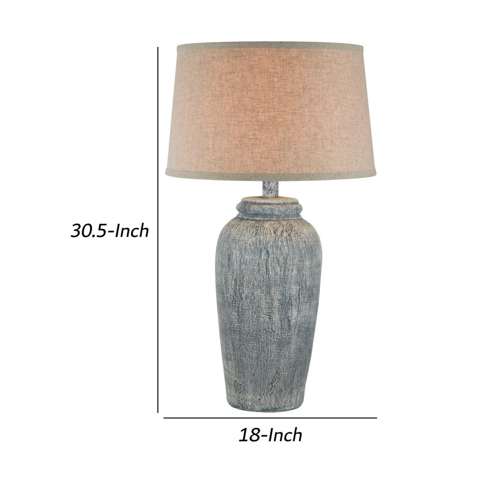 Benjara Leni 31 Inch Hydrocal Table Lamp, Drum Shade, Blue Gray Tall Urn Base