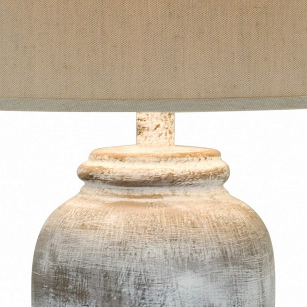 Benjara Leni 31 Inch Hydrocal Table Lamp, Drum Shade, Stone White Urn Shaped Base