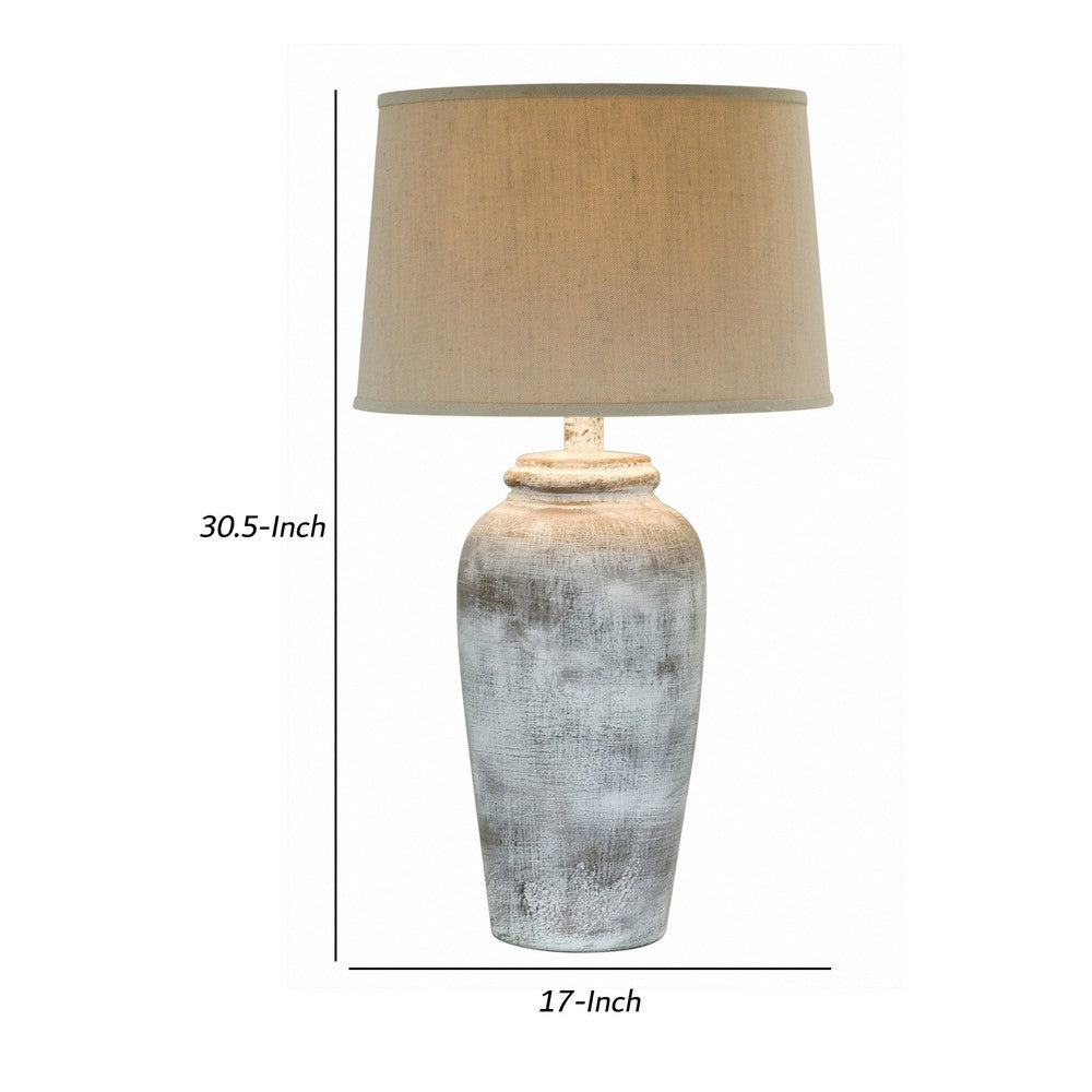 Benjara Leni 31 Inch Hydrocal Table Lamp, Drum Shade, Stone White Urn Shaped Base
