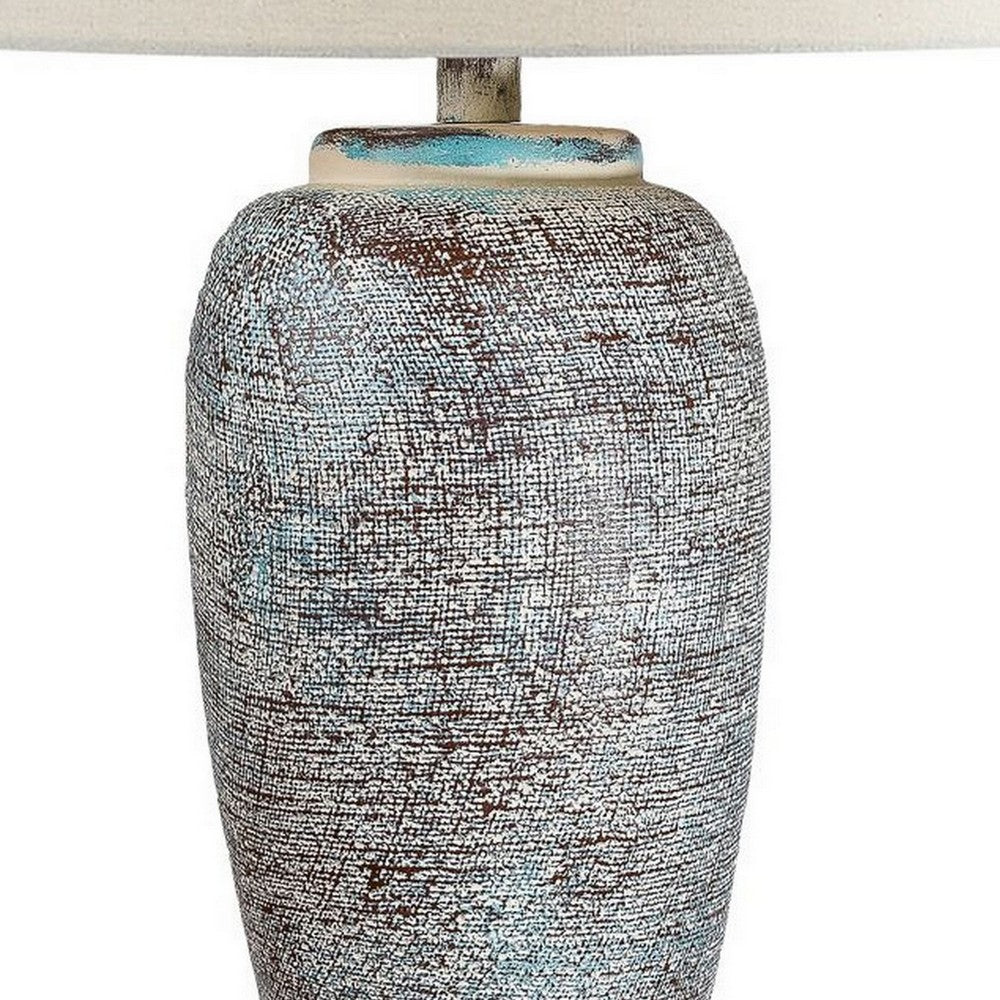 Benjara Alin 29 Inch Hydrocal Table Lamp, Drum Shade, Urn Shaped Base, Misty Sky