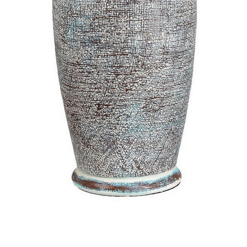 Benjara Alin 29 Inch Hydrocal Table Lamp, Drum Shade, Urn Shaped Base, Misty Sky