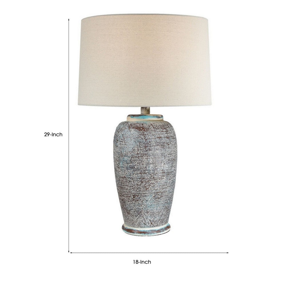 Benjara Alin 29 Inch Hydrocal Table Lamp, Drum Shade, Urn Shaped Base, Misty Sky