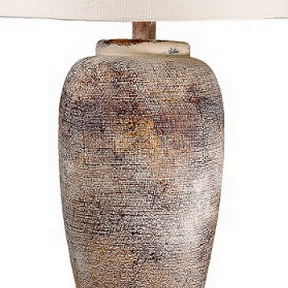 Benjara Alin 29 Inch Hydrocal Table Lamp, Drum Shade, Urn Shaped Base, Pink, Brown