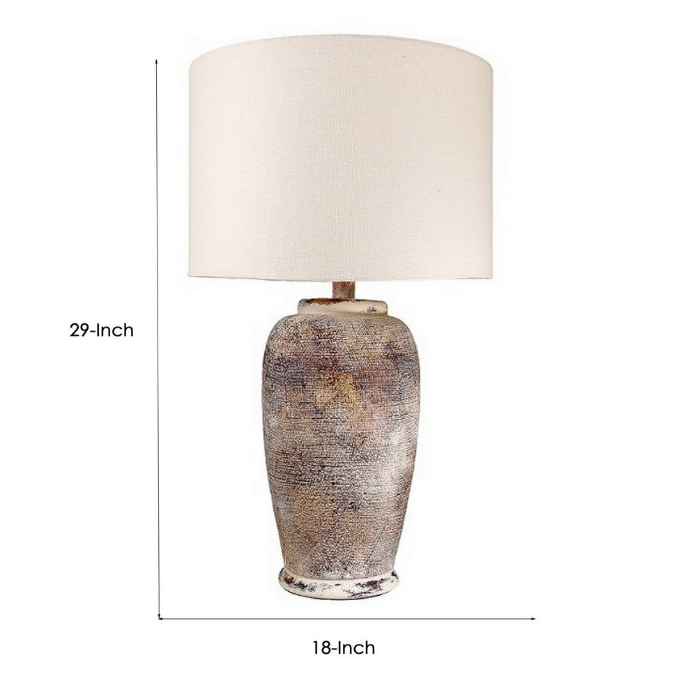 Benjara Alin 29 Inch Hydrocal Table Lamp, Drum Shade, Urn Shaped Base, Pink, Brown